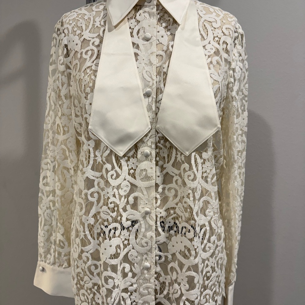 Tory Burch Ivory Lace Tie-Front Sheer Blouse